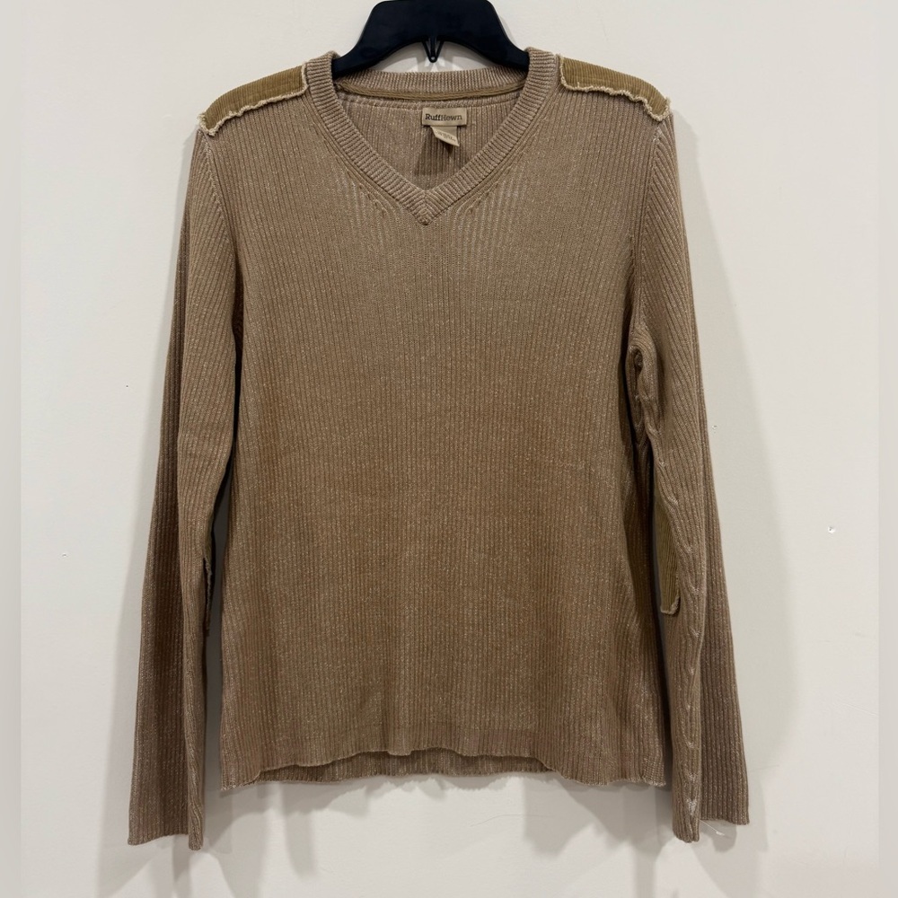 Ruff Hewn Mens Tan V-Neck Sweater Cotton Stretch Size XL